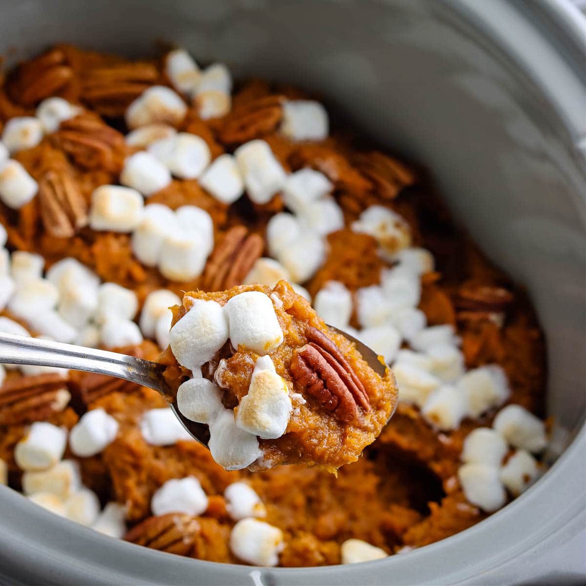Crock pot with sweet potato casserole with pecans and marshmallows.