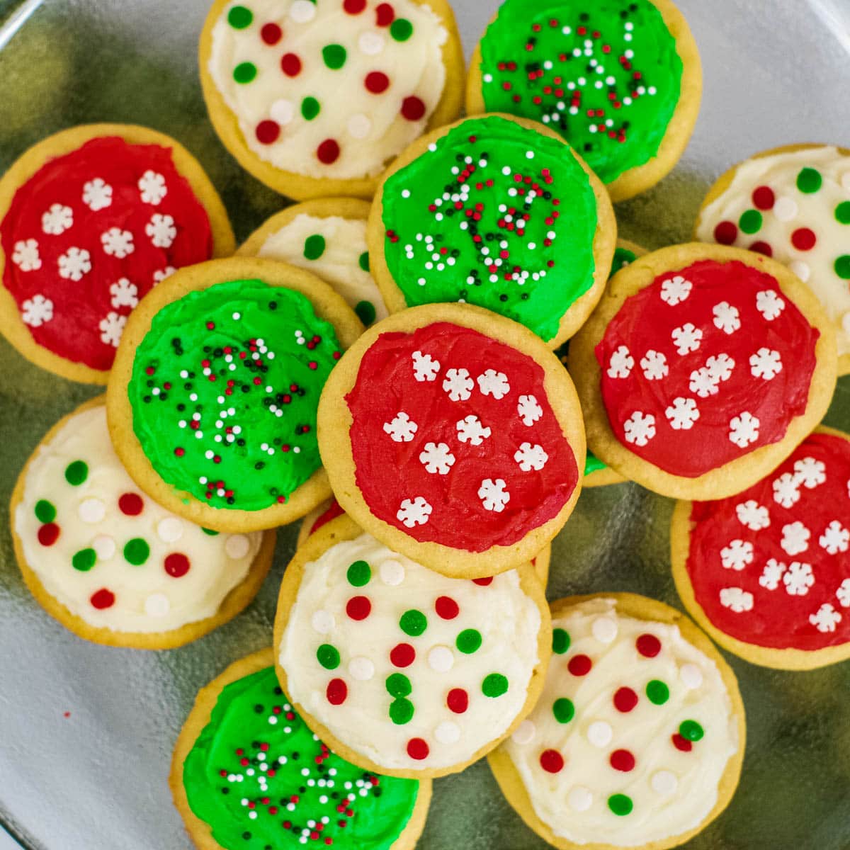 sugar cookies frosted with red, green and white icing
