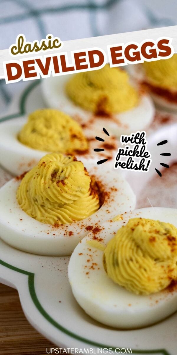 Close-up of deviled eggs with pickle relish, topped with a sprinkle of paprika on a white plate with a green border. Text reads: "classic DEVILED EGGS with pickle relish!