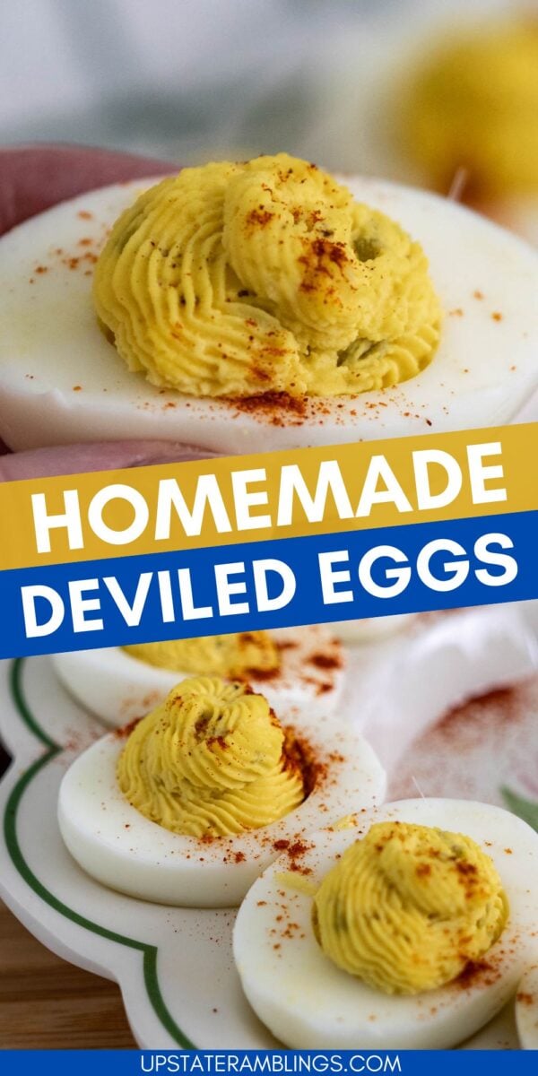 Close-up of homemade deviled eggs with pickle relish, topped with paprika on a plate, with a text overlay reading "Homemade Deviled Eggs.