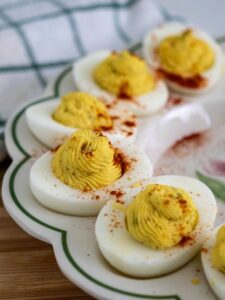 deviled eggs on serving platter.