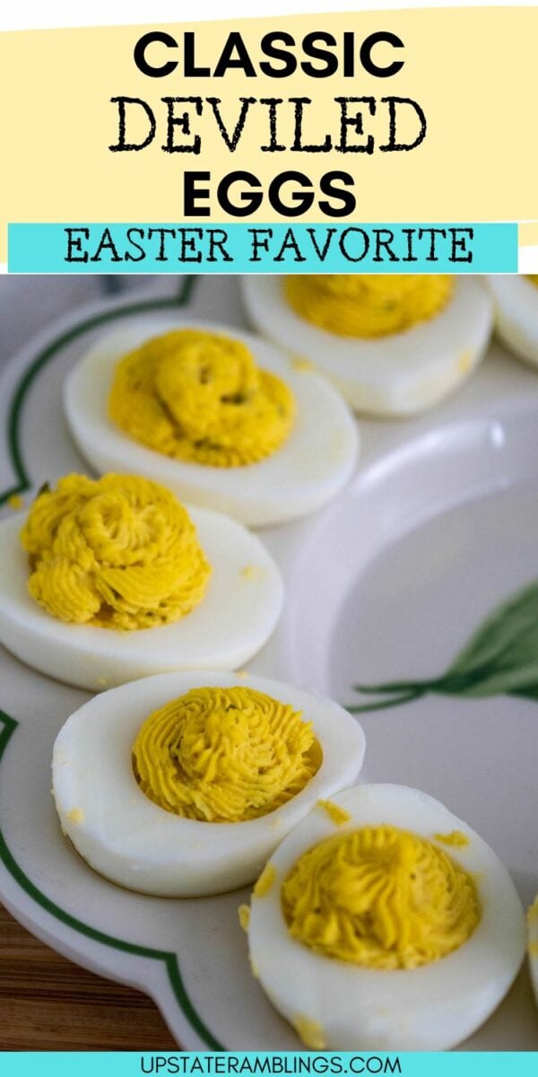 A plate of classic deviled eggs with yellow yolk filling, infused with a tangy twist from pickle relish, presented as an Easter favorite.