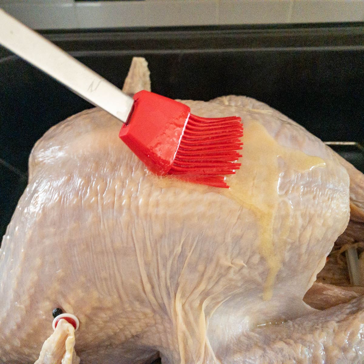 brushing the turkey with butter.