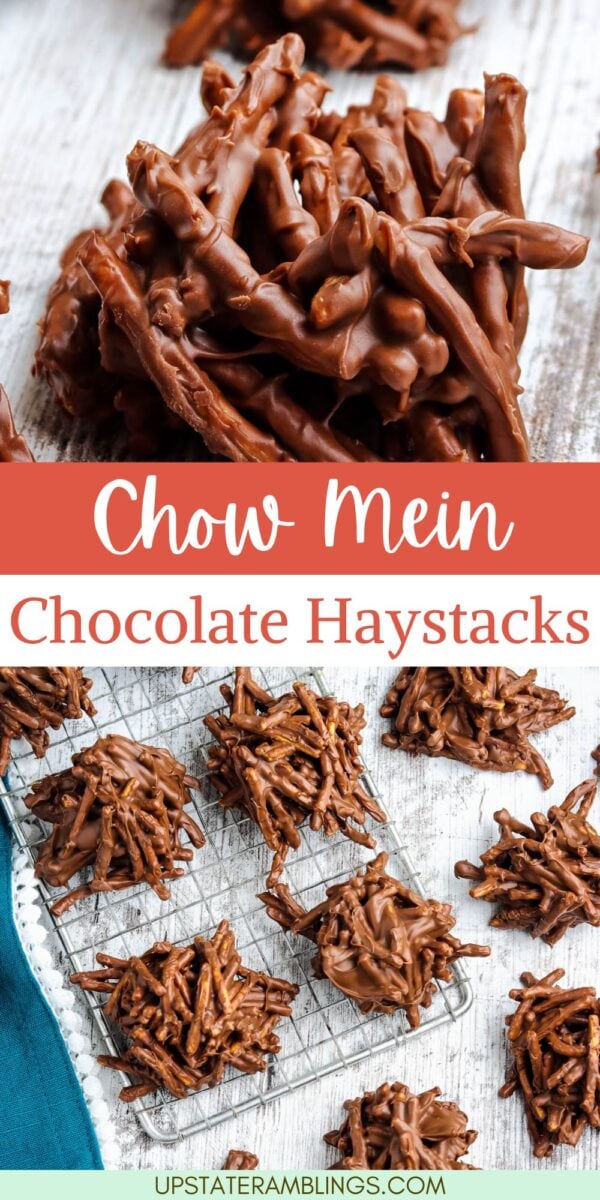 Chocolate-coated chow mein noodle haystack cookies are stacked on a wooden surface and cooling rack, shown from above. Text on image reads: "Chow Mein Chocolate Haystacks.