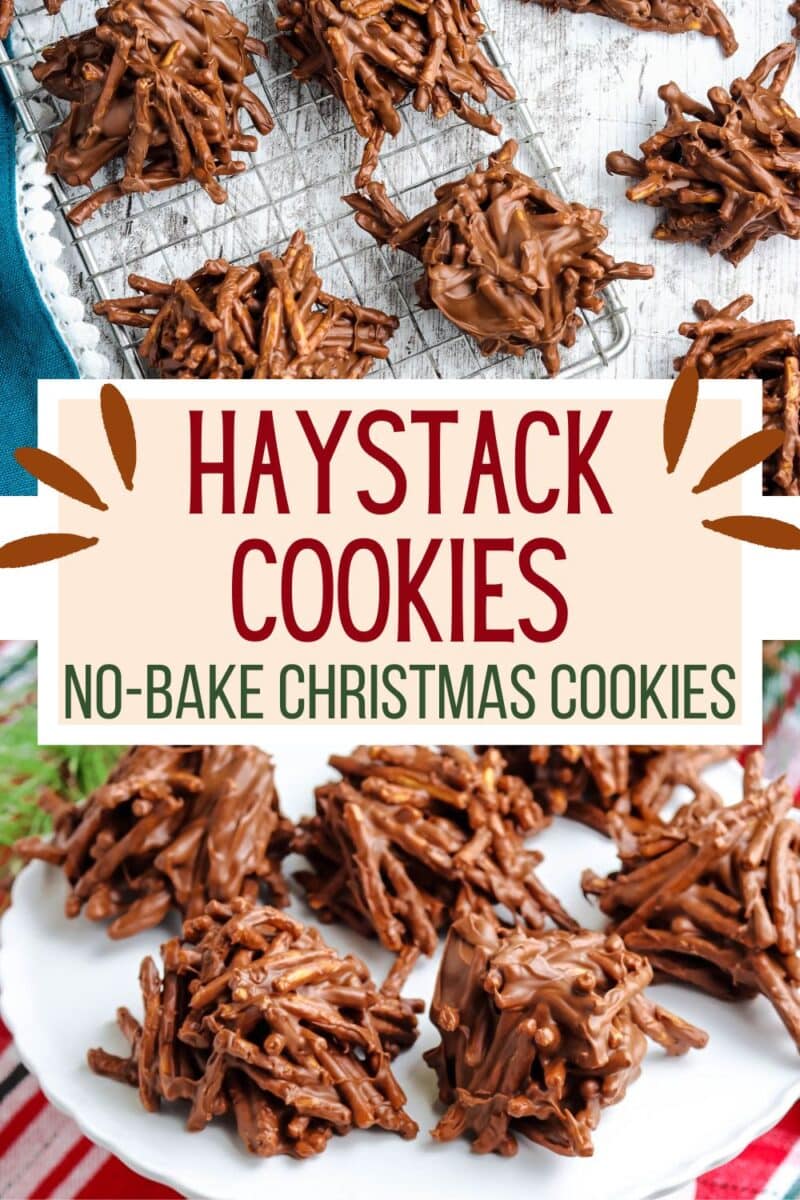 No-bake haystack cookies made with chocolate and chow mein noodles are displayed on a cooling rack and plate, with a festive sign reading "Haystack Cookies: No-Bake Christmas Cookies.