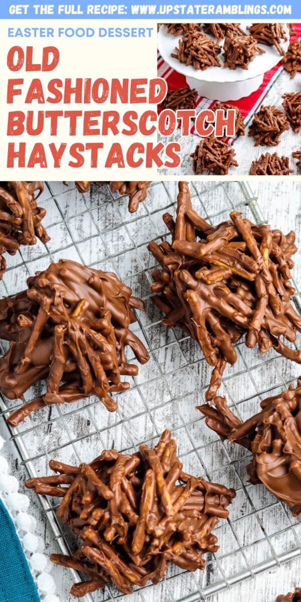 Chocolate and butterscotch haystack cookies, made with chow mein noodles, are arranged on a wire cooling rack. These classic haystack cookies offer the perfect sweet and crunchy treat.