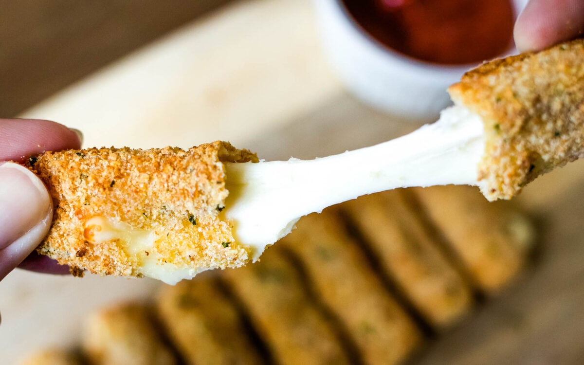 cheese pull from an air fryer mozzarella stick