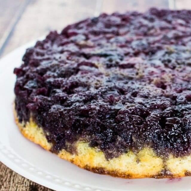 BLueberry upside down cake on a plate.