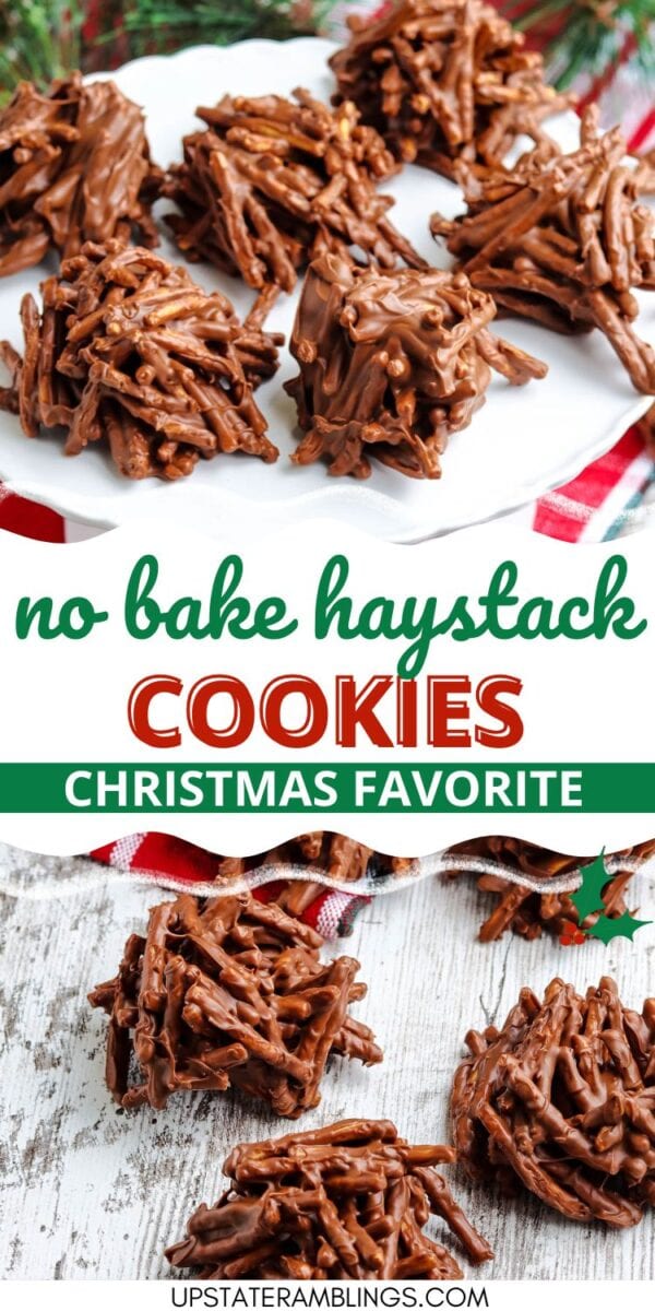 A plate of no bake haystack cookies made with chocolate-covered chow mein noodles, arranged on a white plate atop a wooden surface, labeled as a Christmas favorite treat.