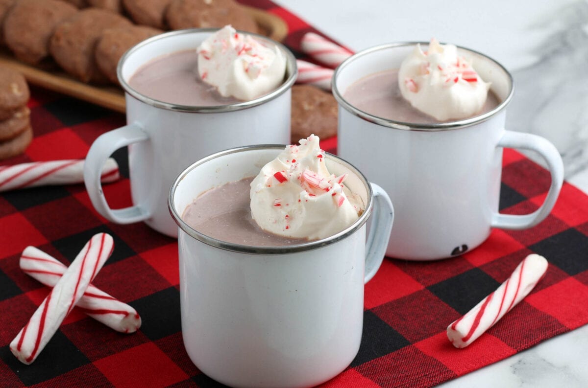 mugs of hot chocolate with whipped cream and crushed peppermints