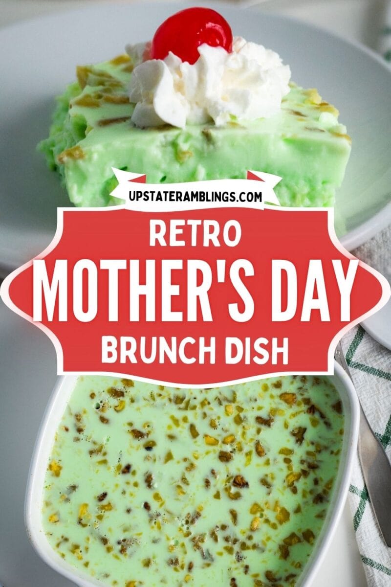 A green lime jello salad dessert with whipped cream and a cherry on top is served on a plate, with a dish of similar green dessert in front. Text reads: Retro Mother's Day Brunch Dish.