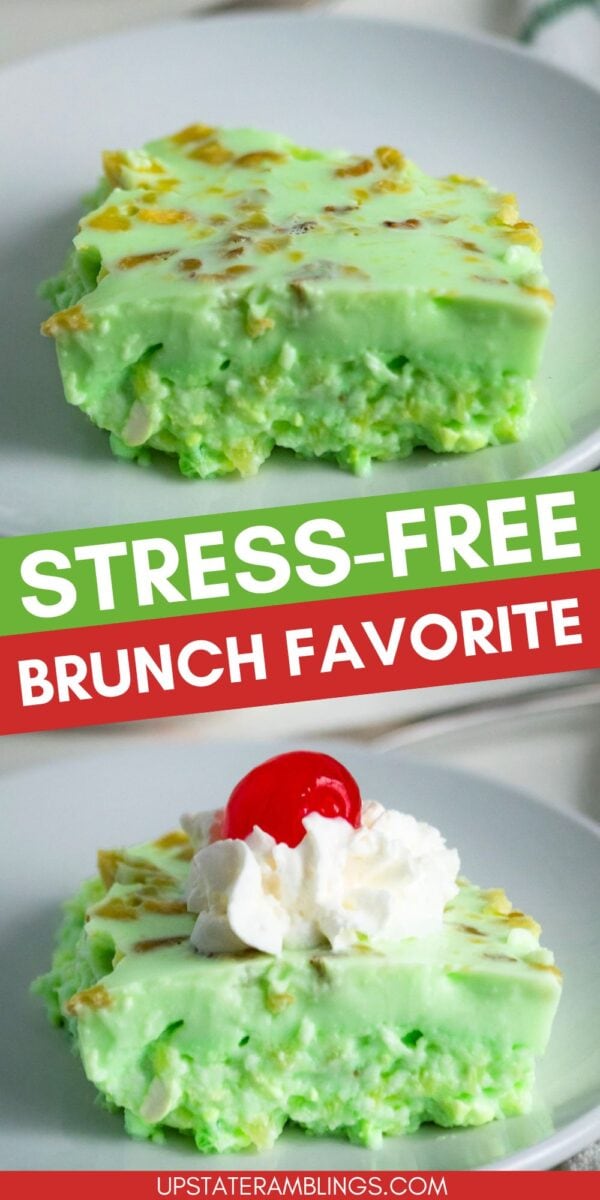 Two plates of lime jello salad; one slice is plain, the other is topped with whipped cream and a cherry. Text overlay reads "Stress-Free Brunch Favorite.