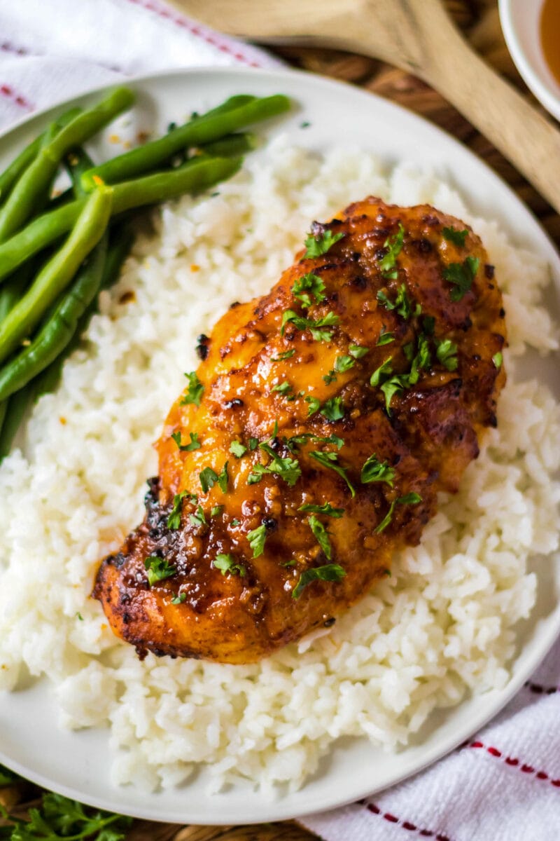 air fryer hot honey chicken on bed of rice