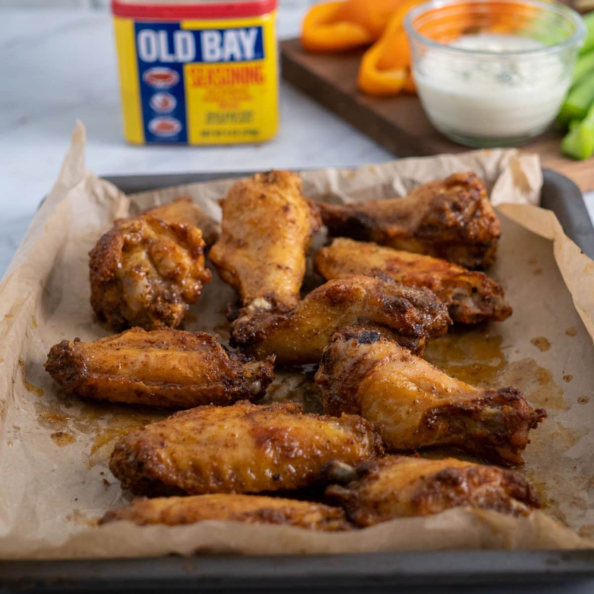 Old Bay wings on a tray