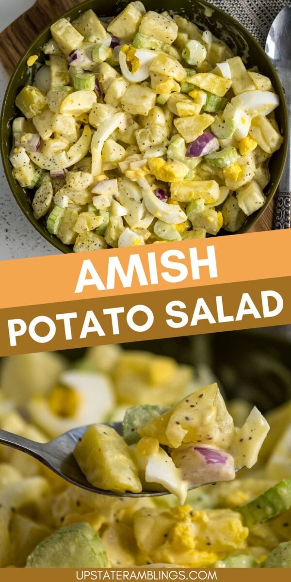 A bowl of Amish potato salad with chopped potatoes, egg, celery, and onion, seasoned with pepper. A close-up shows a fork holding a bite of the creamy Amish potato salad.