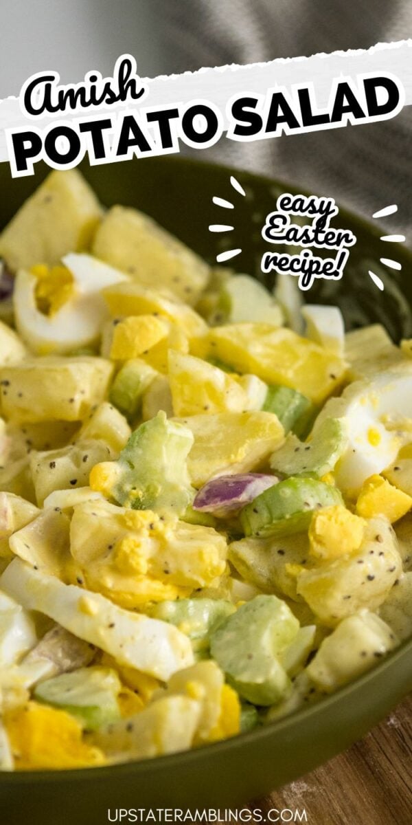 A bowl of Amish potato salad with chopped eggs, celery, and red onions makes an easy Easter recipe.