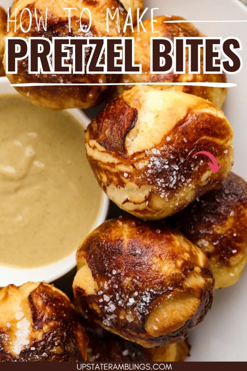 A plate of pretzel bites with coarse salt is served next to a light brown dip. Text overlay reads "How to make air fryer pretzel bites.