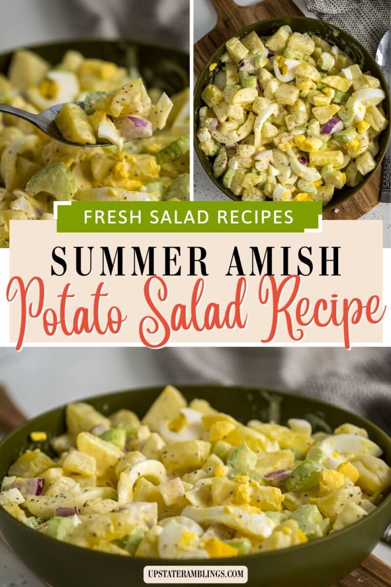 Collage of classic Amish potato salad with eggs, potatoes, red onion, and herbs in a green bowl. Text overlay reads "Summer Amish Potato Salad Recipe." Perfect for picnics and gatherings!.