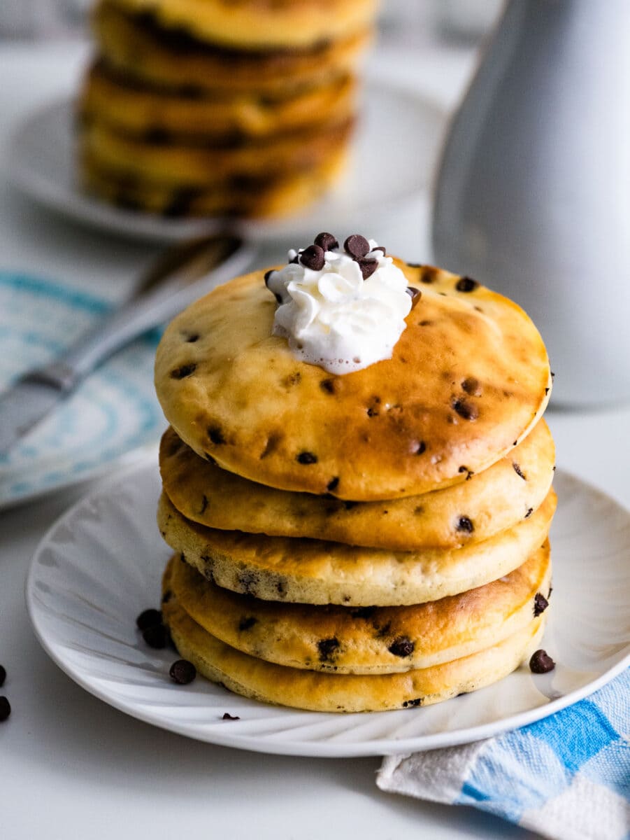 stack of five chocolate chip pancakes.