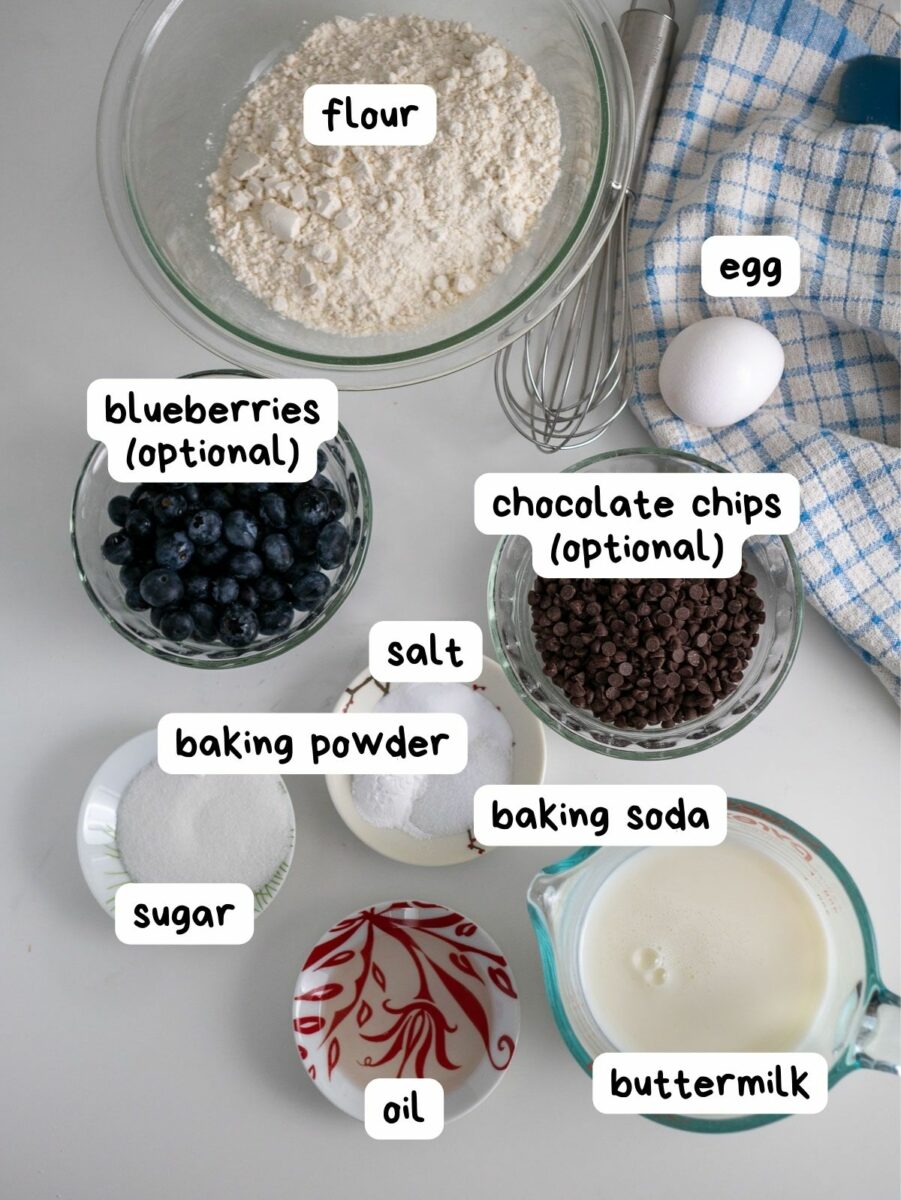 labeled photo of ingredients to make air fryer pancakes.