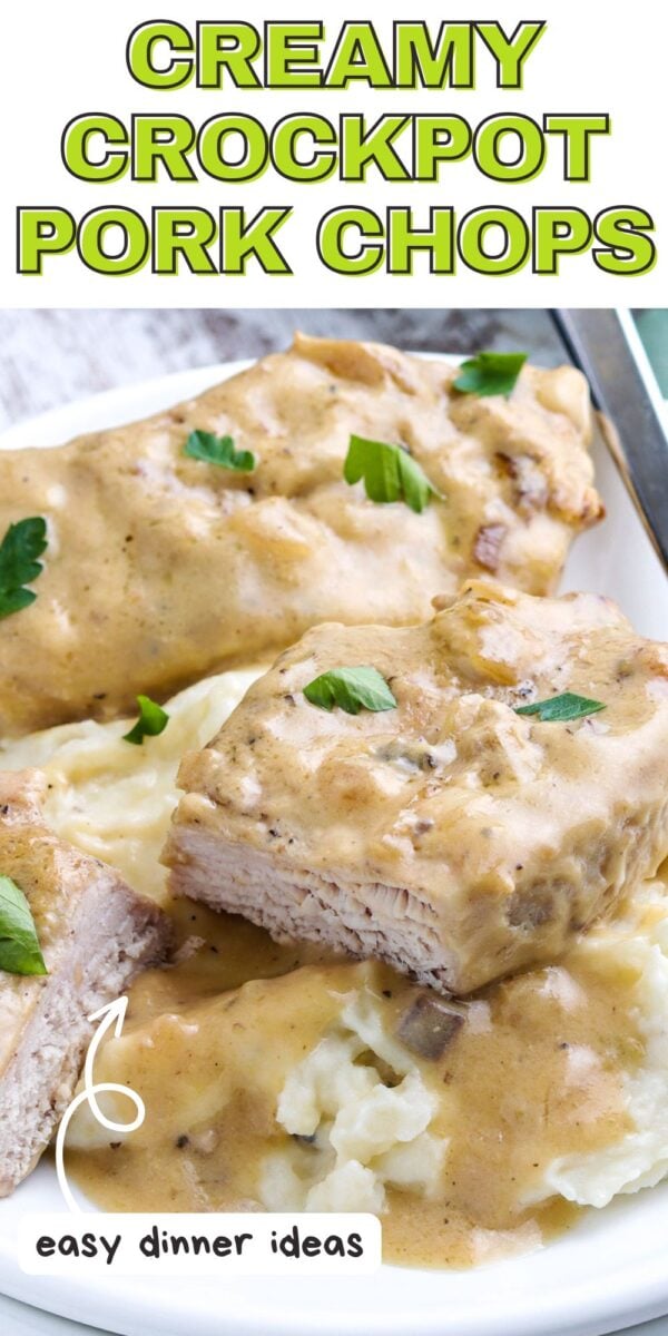 Two pork chops covered in creamy sauce are served on a bed of mashed potatoes, garnished with parsley. Text reads: “Crock Pot pork chops with mushroom soup” and “easy dinner ideas.”.