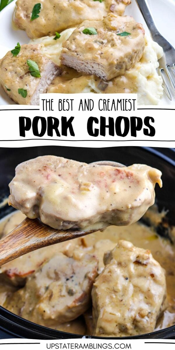 Two images of creamy Crock Pot pork chops with mushroom soup. The top image showcases sliced pork chops in a rich, creamy sauce, garnished with parsley and accompanied by a fork. The bottom image captures a wooden spoon lifting a succulent pork chop from the slow cooker.