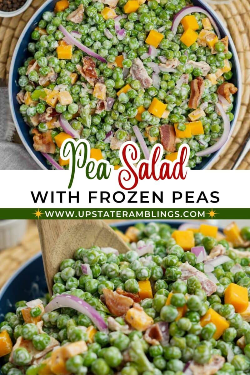 A bowl of classic pea salad features frozen peas, diced cheddar cheese, bacon pieces, and sliced red onions, with a wooden spoon serving up a portion of this creamy dish.