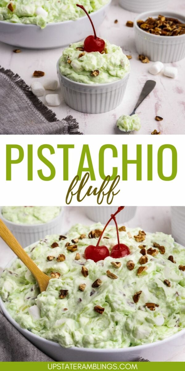 A bowl of pistachio fluff salad topped with a cherry and pecans, surrounded by other bowls of nuts and marshmallows on a table. The text reads "Pistachio Fluff" with a website URL at the bottom.