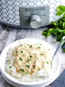 Creamy chicken in front of the slow cooker.