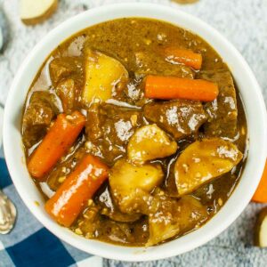 top view of a bowl of Guinness beef stew.