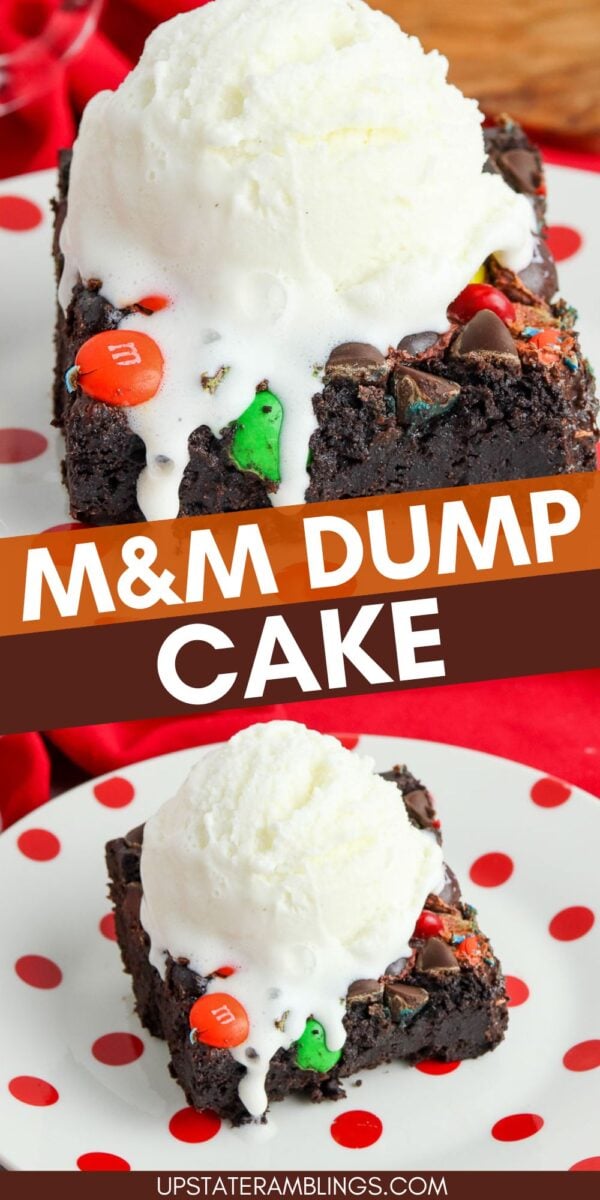 A chocolate dump cake-inspired brownie topped with M&M candies and a scoop of vanilla ice cream on a white plate with red polka dots.