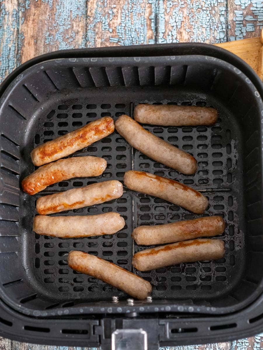 air fryer sausage links after air frying.