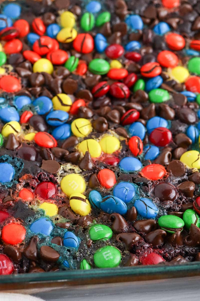 closeup of to of a dump cake with colorful M&Ms.