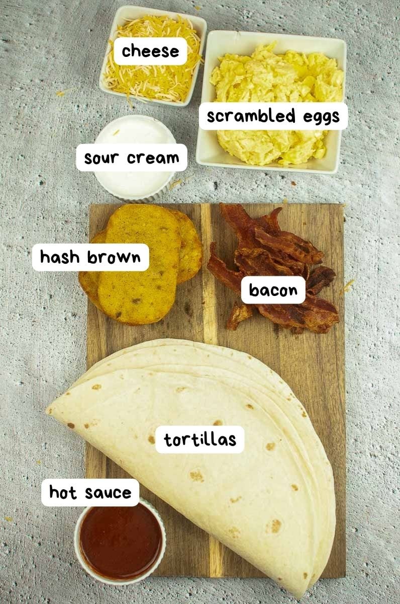 labeled ingredients photo for taco bell breakfast crunchwrap.