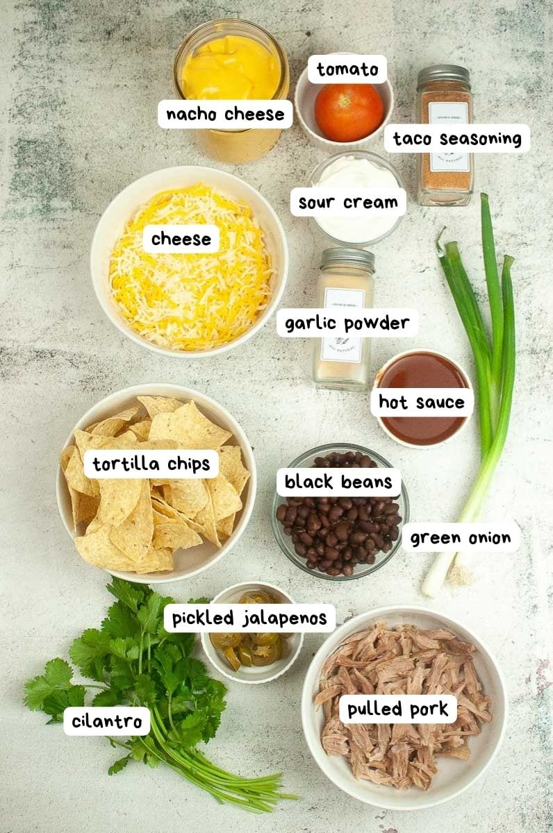 labeled ingredient photo for air fryer nachos with pulled pork.