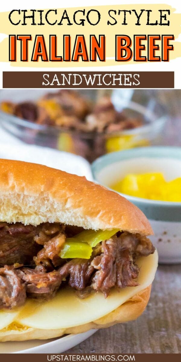Close-up of a Chicago-style Italian beef sandwich with tender meat, melted cheese, and vibrant peppers. Text reads, "Chicago Style Italian Beef Sandwiches.