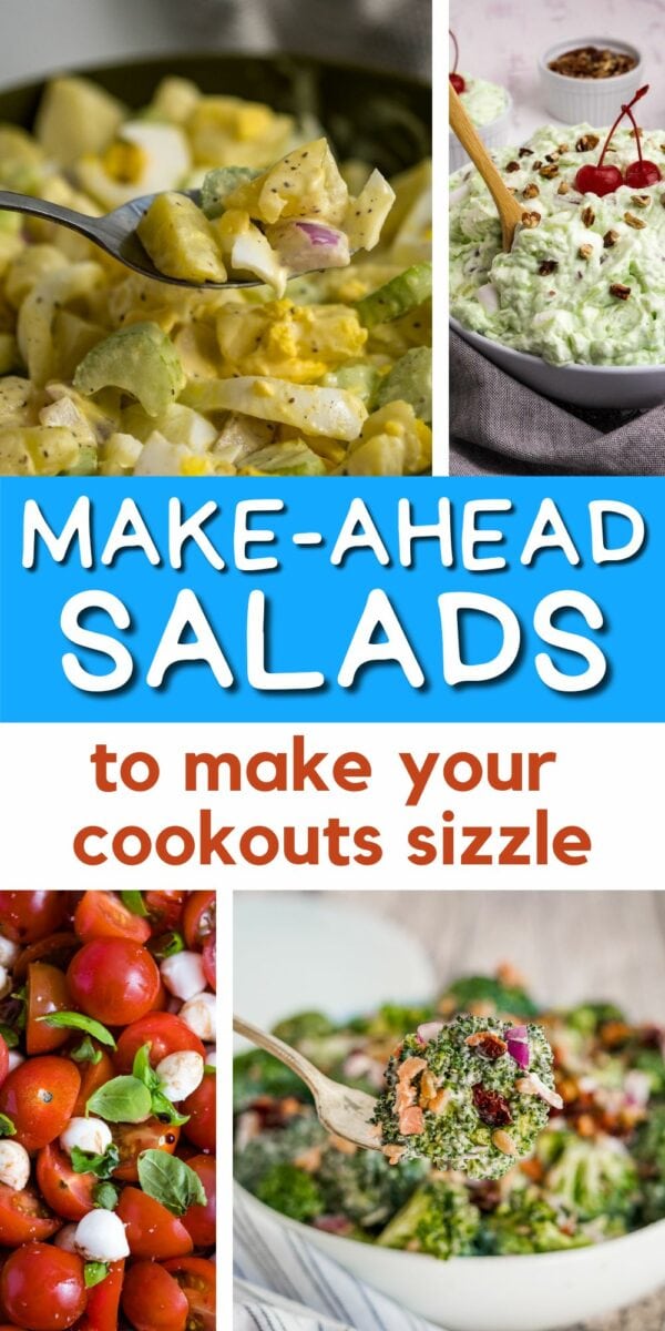 pinterest collage with potato salad, fluff salad, caprese salad and broccoli salad photos.