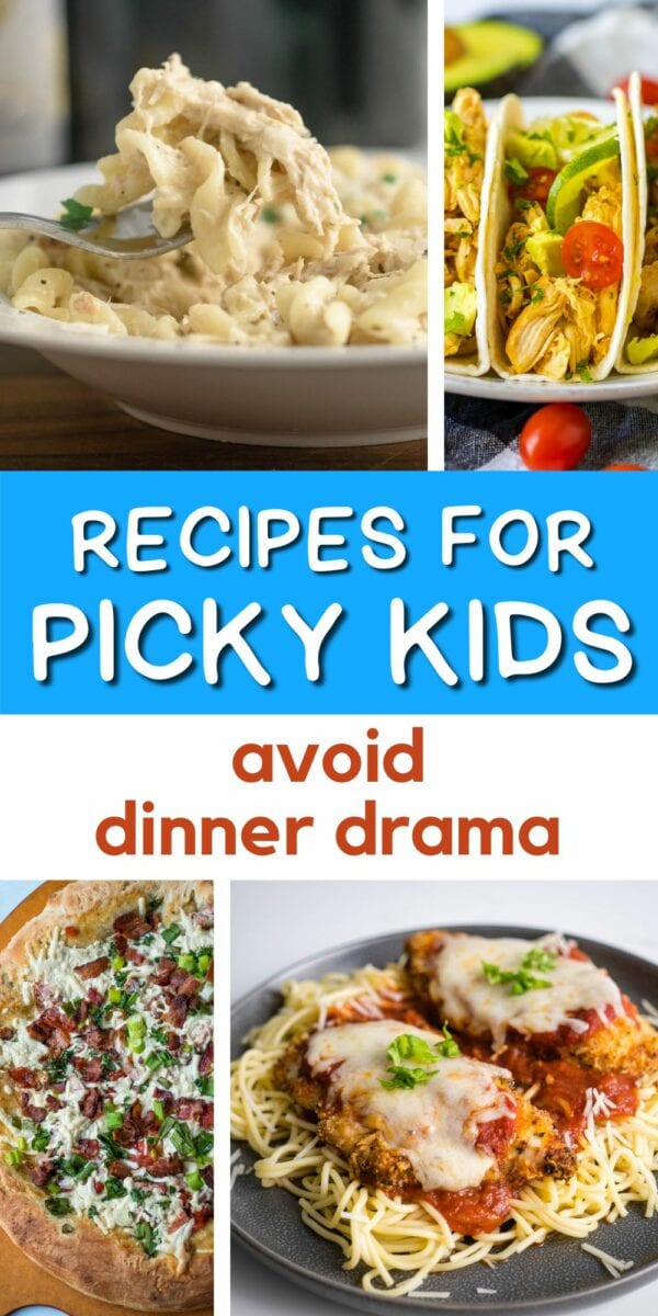 pinterest collage recipes for pick kids, chicken pasta, chicken tacos, pizza and chicken parm.