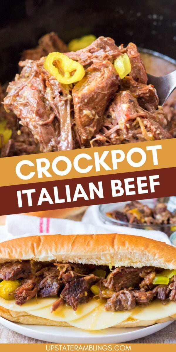 Tender shredded Italian beef with peppers simmers in a crockpot, then gets piled onto a sandwich roll for the ultimate Italian beef sandwich, served hot and savory on a plate.