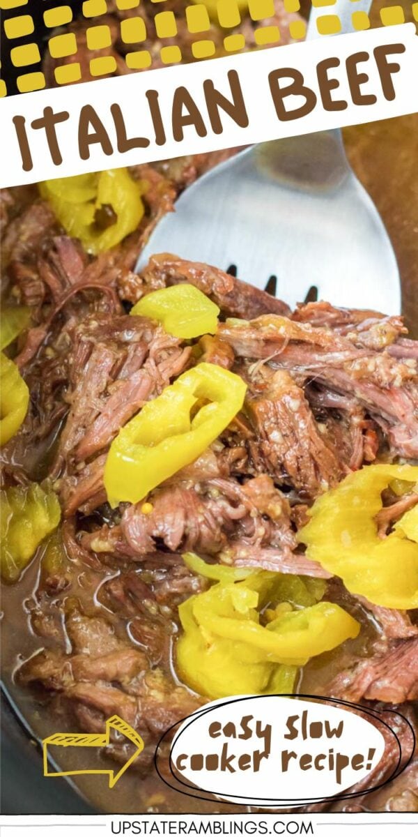 Close-up of a mouthwatering Italian beef sandwich with banana peppers. Text reads, "Italian Beef" and "Easy Slow Cooker Recipe!