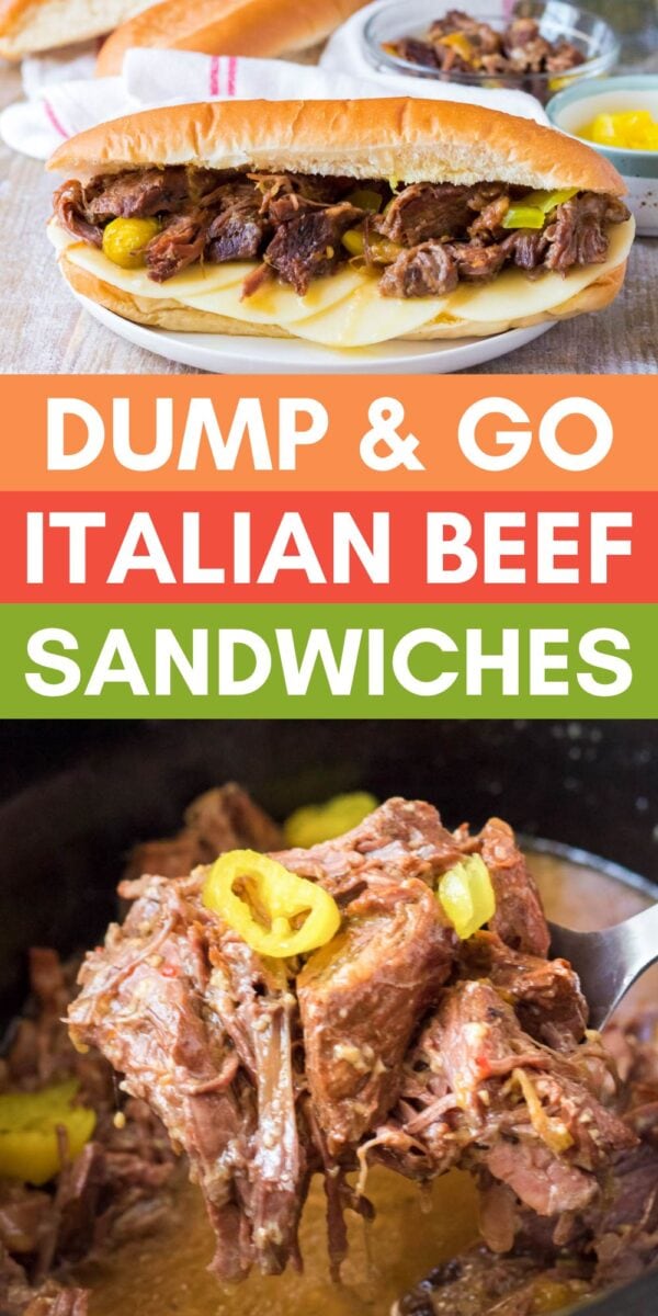 Close-up of an Italian beef sandwich topped with cheese and peppers, plus a spoon lifting shredded beef from a pot. Text reads: “Dump & Go Italian Beef Sandwiches.” Perfect for easy, flavor-packed italian beef sandwich cravings.