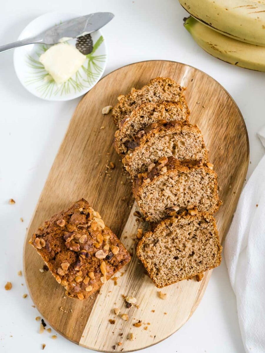 top view of slices of banana bread with walnuts.