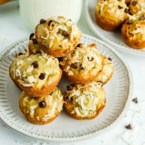 Top view of banana muffins with chocolate chips and coconut.