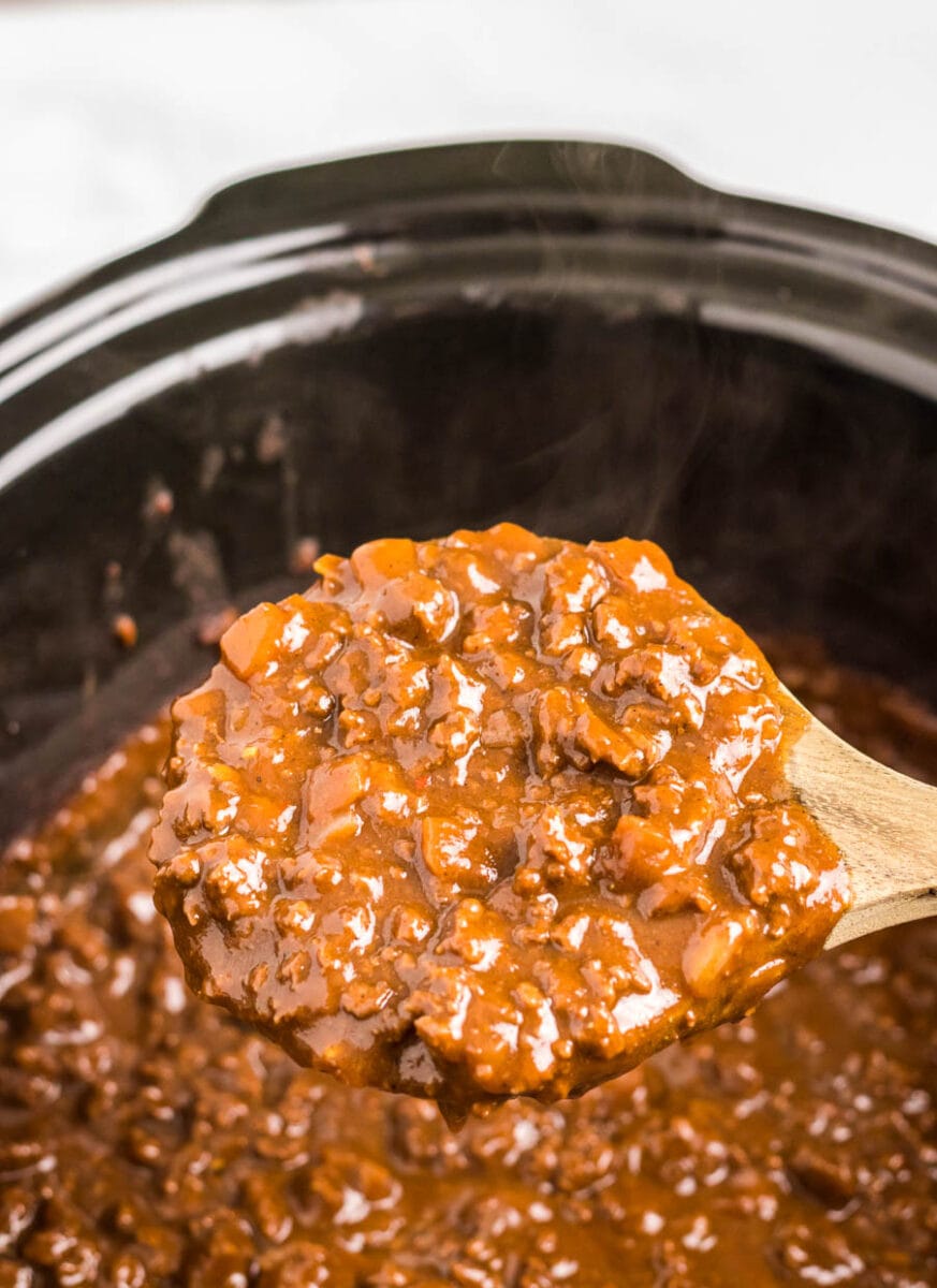 Spoonful of chili after cooking in the crock pot.
