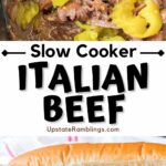 Pinterest collage crock pot Italian beef with 2 photos, one in bun one in crockpot.