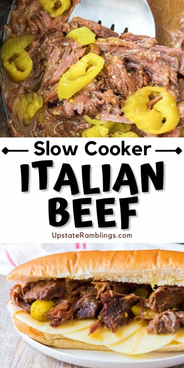 Pinterest collage crock pot Italian beef with 2 photos, one in bun one in crockpot.