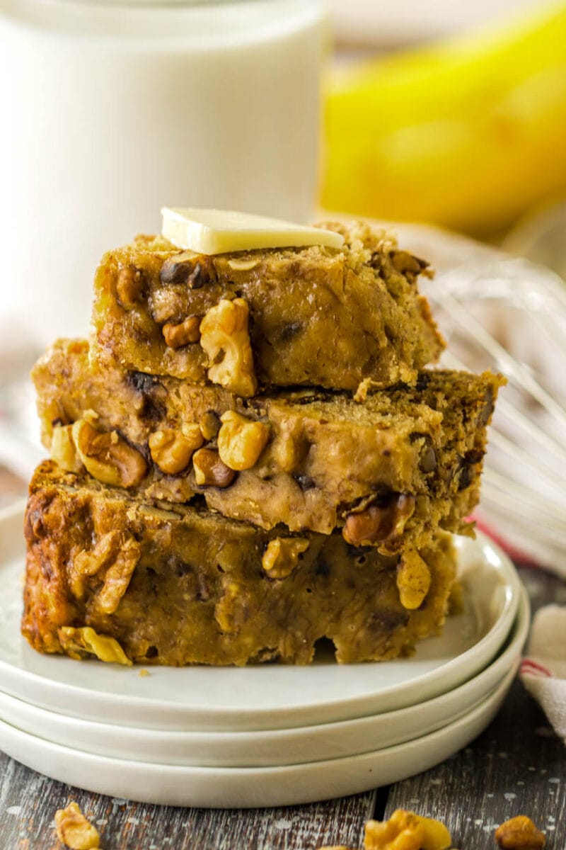 stack of slow cooker banana bread on a plate.
