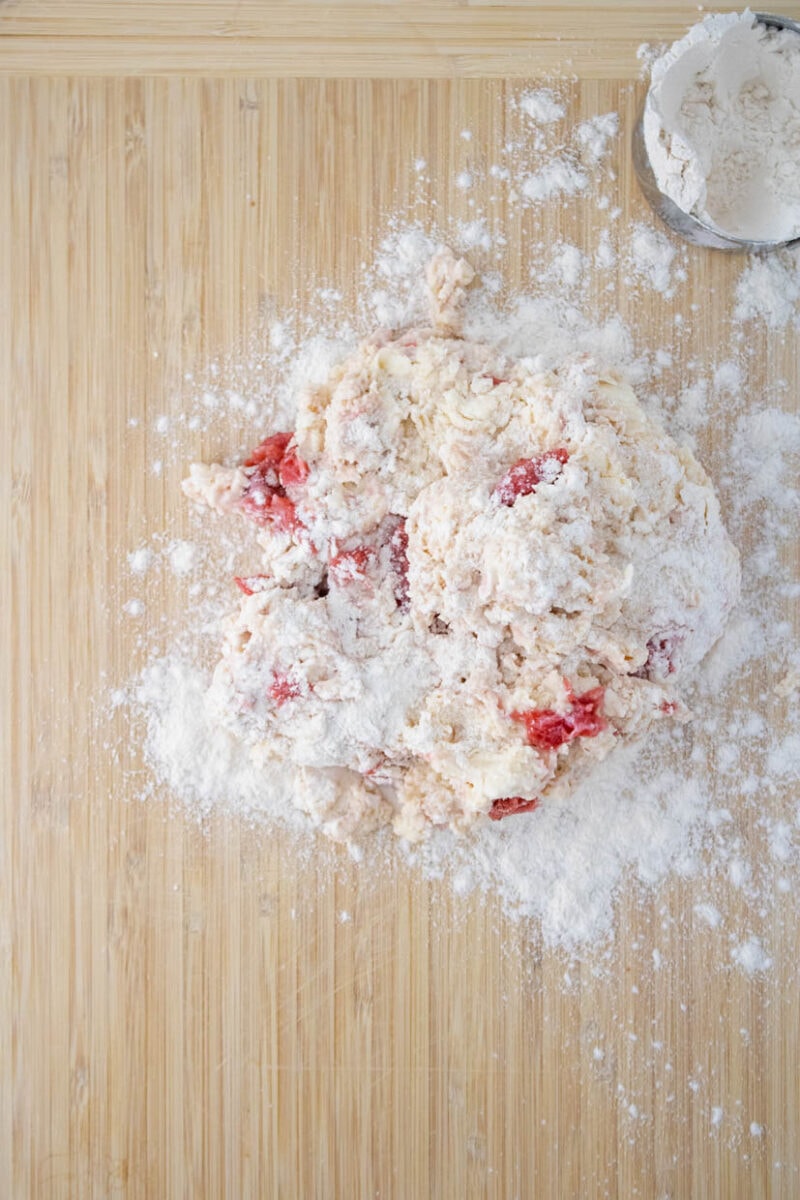 Strawberry biscuit dough after mixing.
