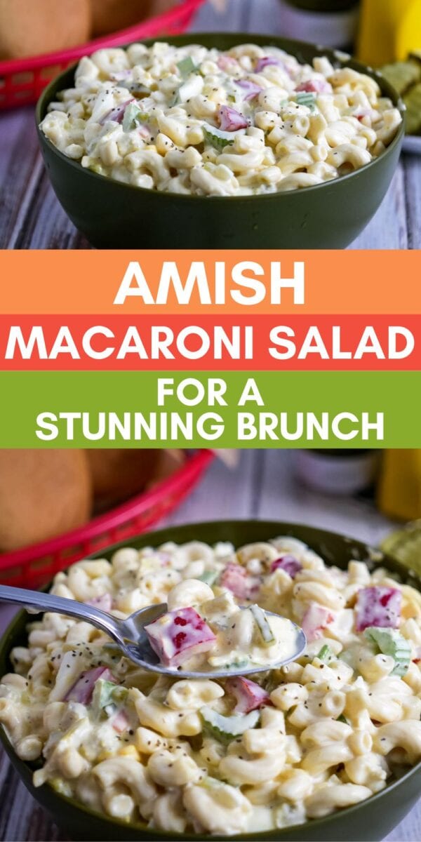 A bowl of Amish macaroni salad with diced vegetables and a creamy dressing, shown close up with a fork and a basket in the background—perfect for any amish macaroni salad lover.