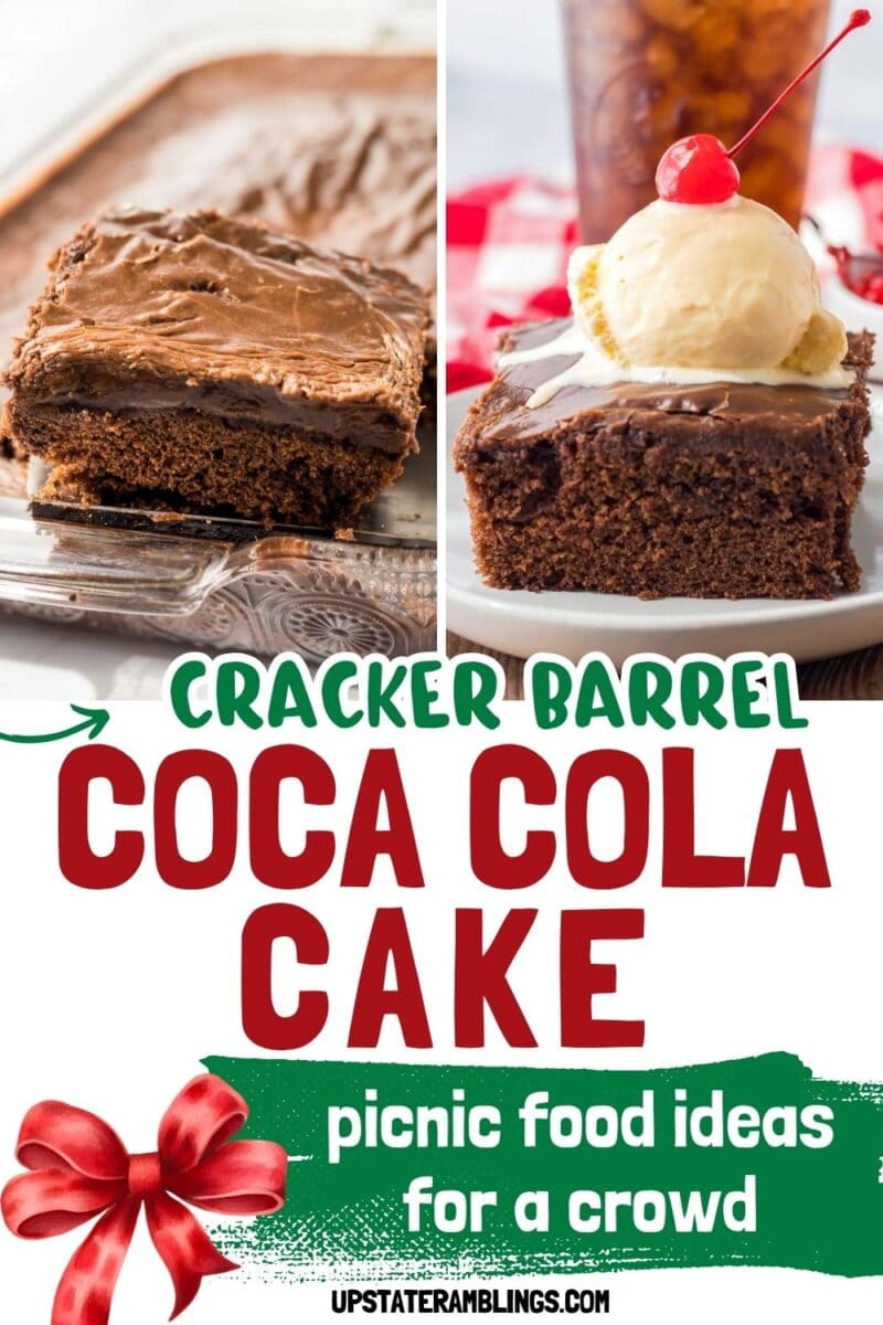 Chocolate cake with rich frosting, shown in a baking dish and served on a plate with ice cream and a cherry—labeled as classic Cracker Barrel Coca Cola cake.